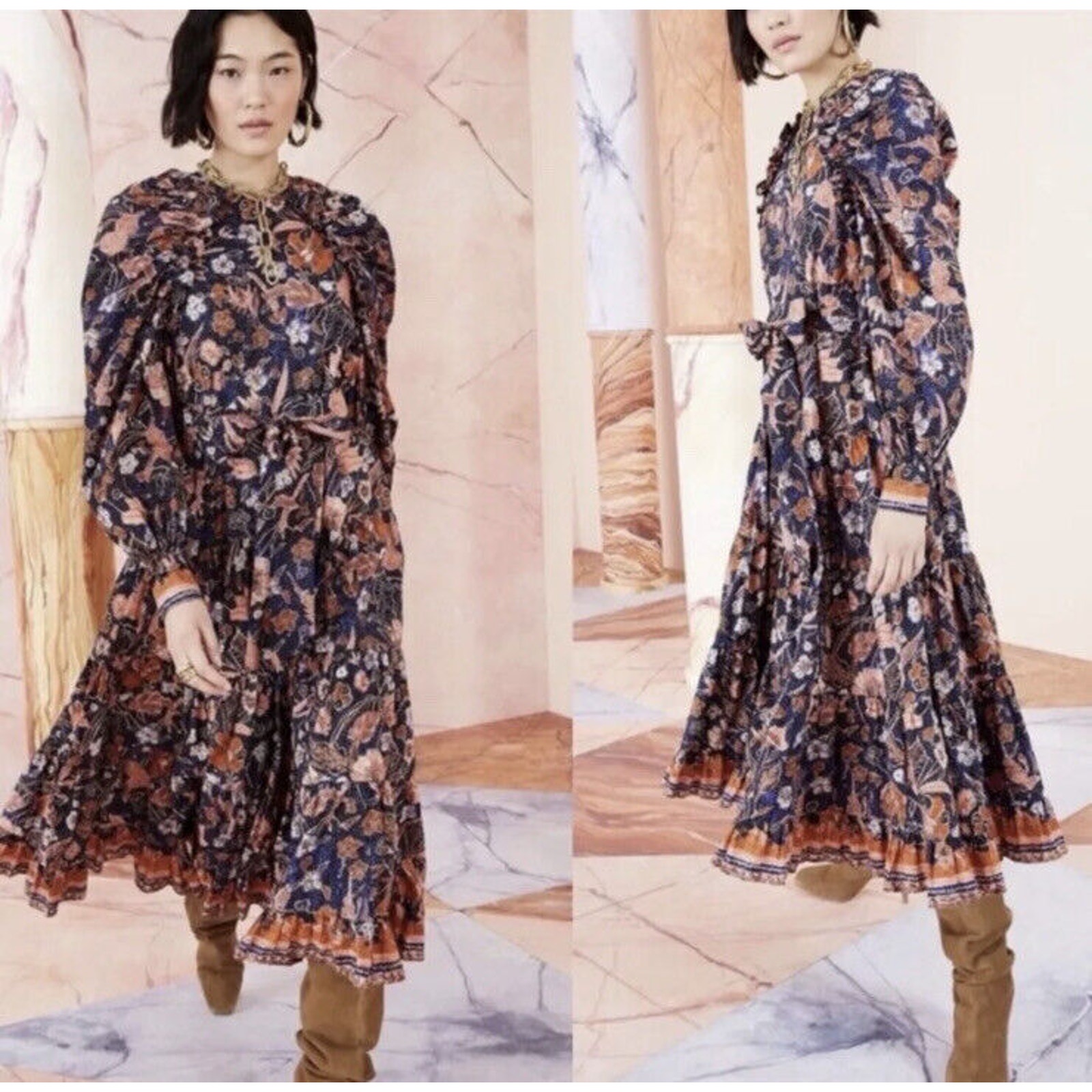 Ulla Johnson Samar Midi Dress Cottagecore Midnight Print Long Sleeve Size 6